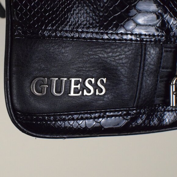 GUESS Barletta Black Crossbody Purse Snake Skin Patent Messenger Handbag Buckles - Picture 4 of 10